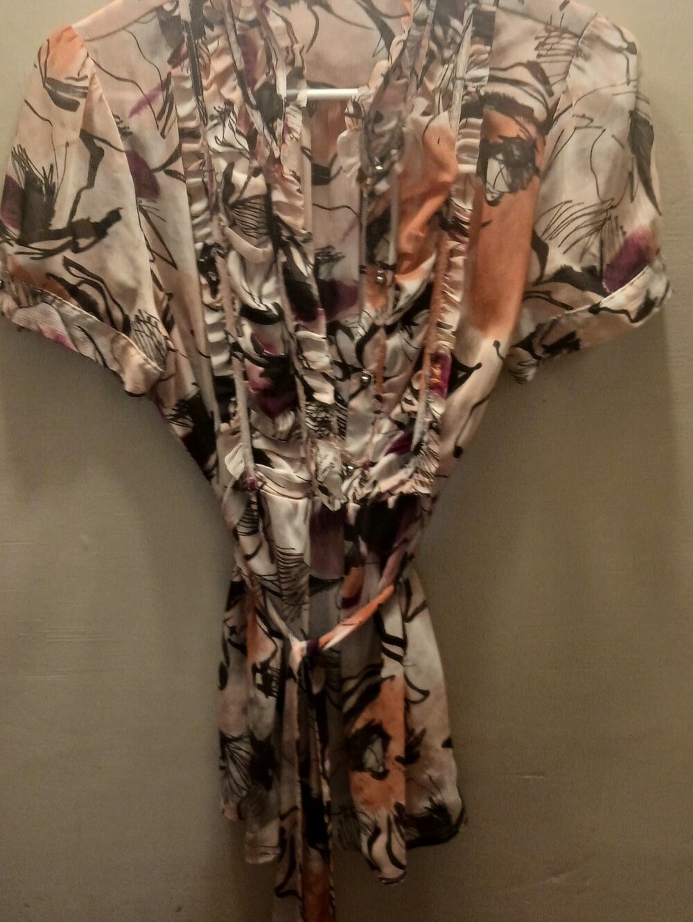 Silk-Feel Abstract Print Tie-Waist Blouse - Multi